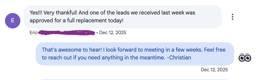 Text message screenshot from a contractor whose lead was approved for a full replacement