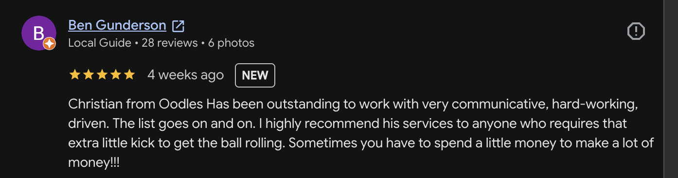 Google review screenshot from contractor Ben Gunderson recommending the service