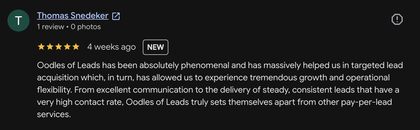 Google review screenshot from contractor Thomas Snedeker about targeted lead acquisition and steady, consistent leads
