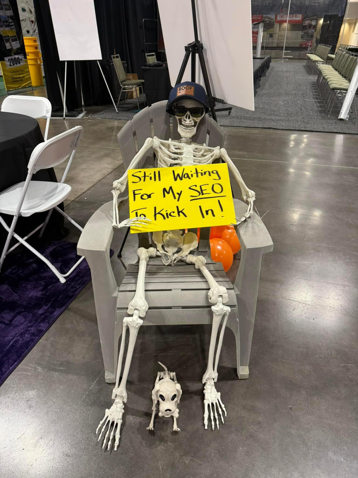 Skeleton prop holding a sign that reads Still Waiting For My SEO To Kick In