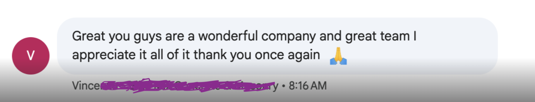 Text message screenshot from a contractor thanking the team for their work