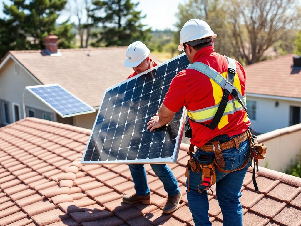 Solar installers carrying a panel onto a roof